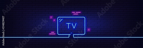Neon light glow effect. TV line icon. Television sign. Hotel service symbol. 3d line neon glow icon. Brick wall banner. Tv outline. Vector