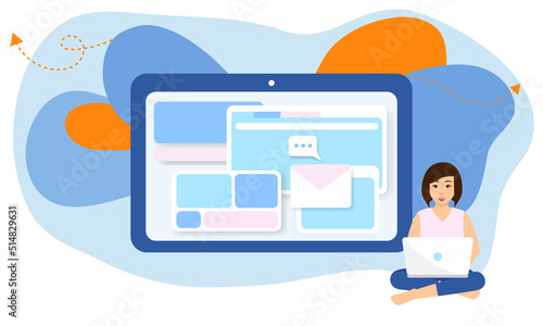 Woman use laptop and computer monitor working at home vector. Freelancer business female