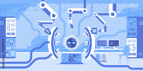 Technology and science for industry development. Flat color vector illustration. High tech in manufacture. Modern technological 2D simple cartoon object in plant interior with machinery on background