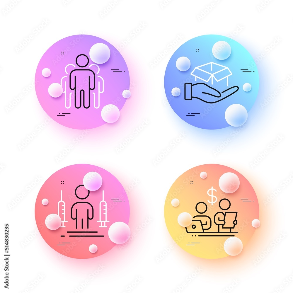 Group, Budget accounting and Coronavirus injections minimal line icons. 3d spheres or balls buttons. Hold box icons. For web, application, printing. Managers, Stock trader, People vaccination. Vector Group, Budget accounting and Coronavirus injections minimal line icons. 3d spheres or balls buttons. Hold box icons. For web, application, printing. Managers, Stock trader, People vaccination. Vector