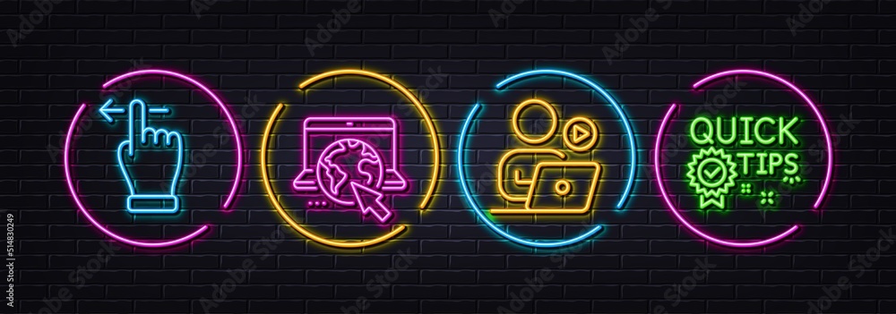 Video conference, Internet and Touchscreen gesture minimal line icons. Neon laser 3d lights. Quick tips icons. For web, application, printing. Start presentation, Online webpage, Slide left. Vector