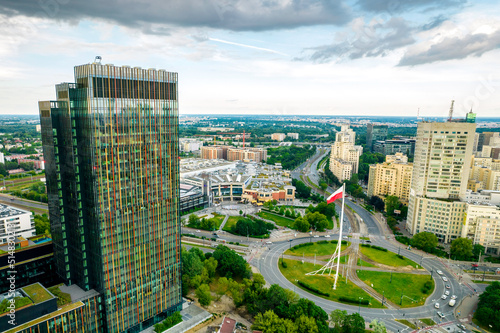 Fotografie, Obraz Warszawa, panorama centrum Warszawy o zachodzie słońca, centrum biznesowe 2022