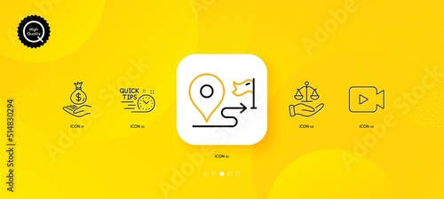 Journey, Video camera and Income money minimal line icons. Yellow abstract background. Justice scales, Quick tips icons. For web, application, printing. Trip distance, Movie or cinema, Savings. Vector