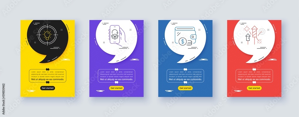 Set of Idea, Delivery app and Wallet line icons. Poster offer frame with quote, comma. Include Fireworks rocket icons. For web, application. Solution, Return package, Cash money. Vector