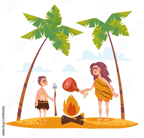 Cave age people family tribe isolated set. Vector cartoon design element illustration