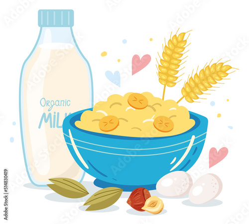 Morning breakfast porridge with milk, banana and nuts. Vector flat graphic design cartoon illustration