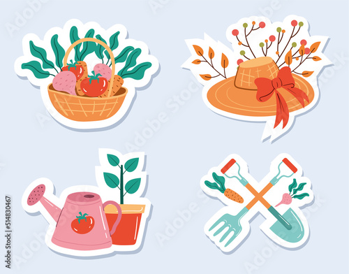 Gardening farming tools stickers isolated concept set. Vector design element cartoon illustration