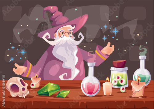 Magic wizard room fairy laboratory concept. Vector design element cartoon illustration
