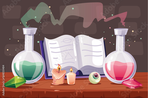 Magic wizard room fairy laboratory concept. Vector design element cartoon illustration
