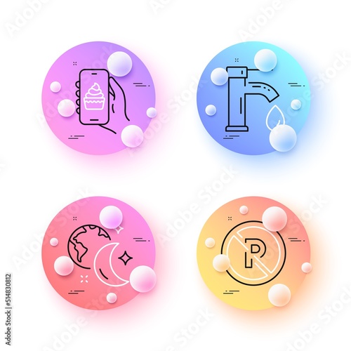 No parking, Food app and Tap water minimal line icons. 3d spheres or balls buttons. Sleep icons. For web, application, printing. Car park, Smartphone cake, Faucet. World and moon. Vector