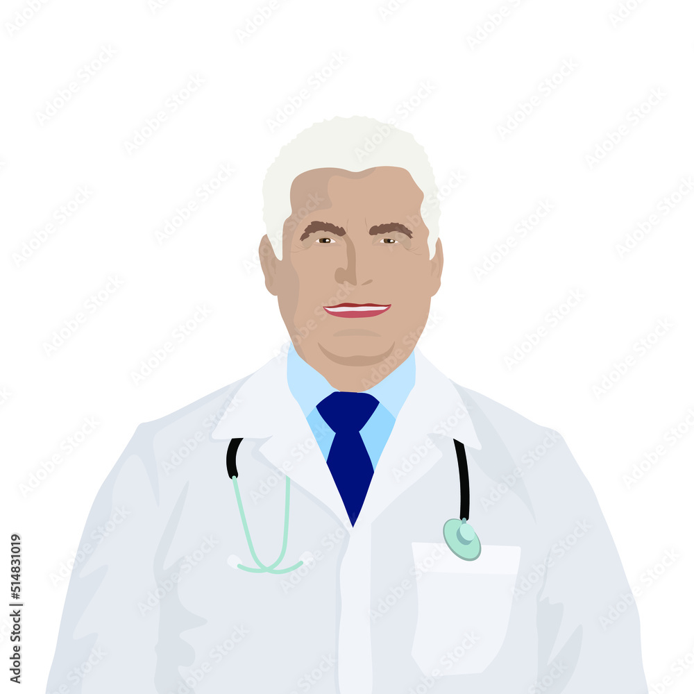 Senior doctor with stethoscope on white background. Vector illustration