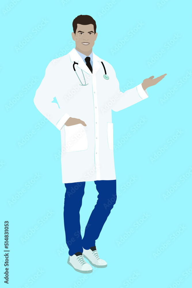 Doctor with stethoscope on light blue background. Vector illustration
