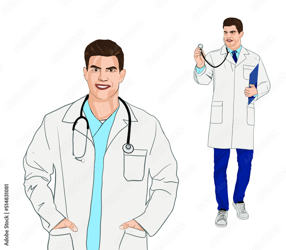 Fototapeta premium Doctor with stethoscope on white background, collage. Vector illustration