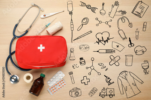 First aid kit and different images on light wooden table, flat lay