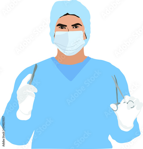 Doctor holding medical clamps and scalpel on light background. Vector illustration