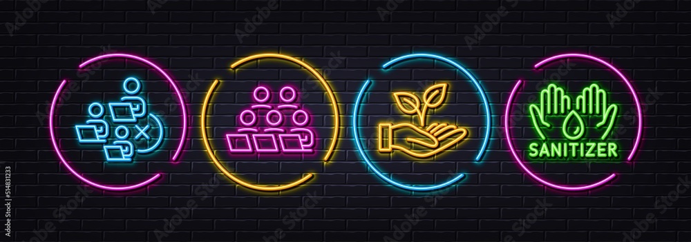 Remove team, Helping hand and Teamwork minimal line icons. Neon laser 3d lights. Hand sanitizer icons. For web, application, printing. Networking, Startup palm, Remote work. Hygiene care. Vector Remove team, Helping hand and Teamwork minimal line icons. Neon laser 3d lights. Hand sanitizer icons. For web, application, printing. Networking, Startup palm, Remote work. Hygiene care. Vector