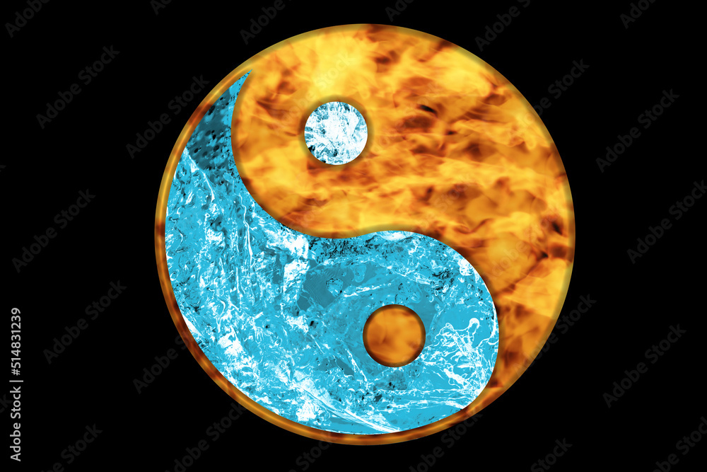 Fire and water resembling Yin Yang symbol on black background. Feng ...