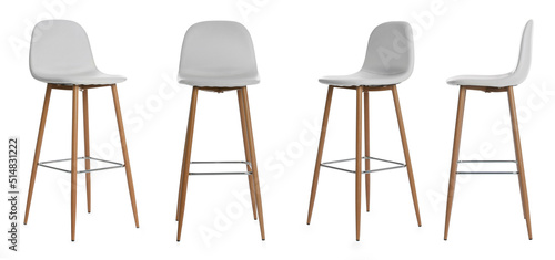 Konstfotografi Set with stylish bar stools on white background. Banner design