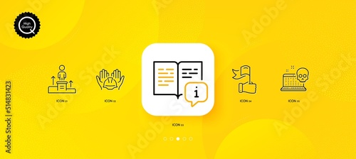 Business podium, Manual and Builders union minimal line icons. Yellow abstract background. Cyber attack, Leadership icons. For web, application, printing. Vector