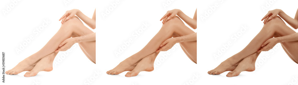 Collage with photos of women with smooth silky skin after epilation, closeup view of legs. Banner design Collage with photos of women with smooth silky skin after epilation, closeup view of legs. Banner design