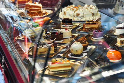 Showcase of diverse sweets in a pastry shop