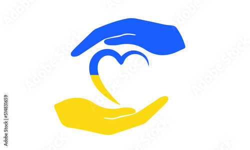 Hands holding heart in colors of Ukrainian flag on white background. Illustration