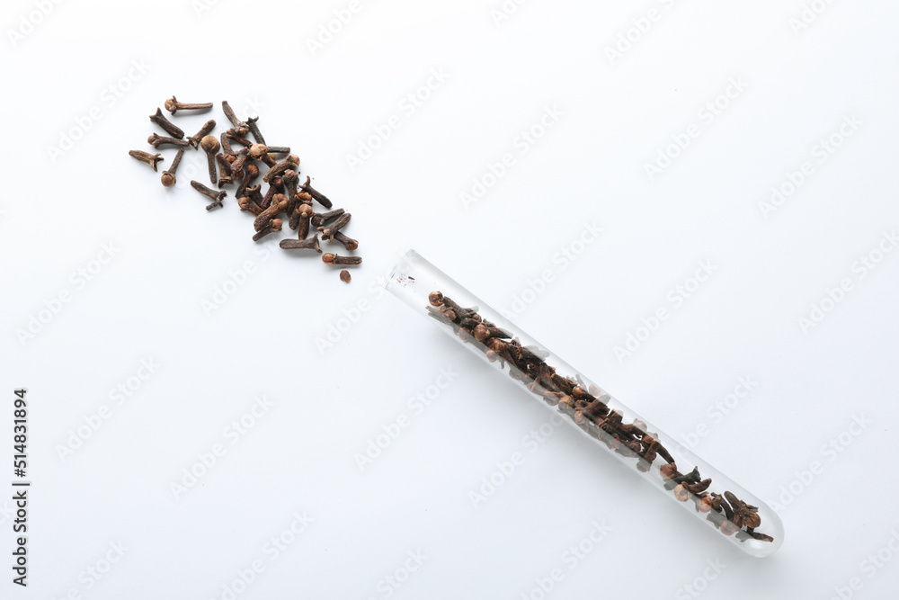 Glass tube with cloves on white background, top view Glass tube with cloves on white background, top view
