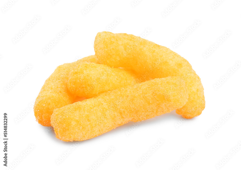 Tasty cheesy corn puffs isolated on white Tasty cheesy corn puffs isolated on white