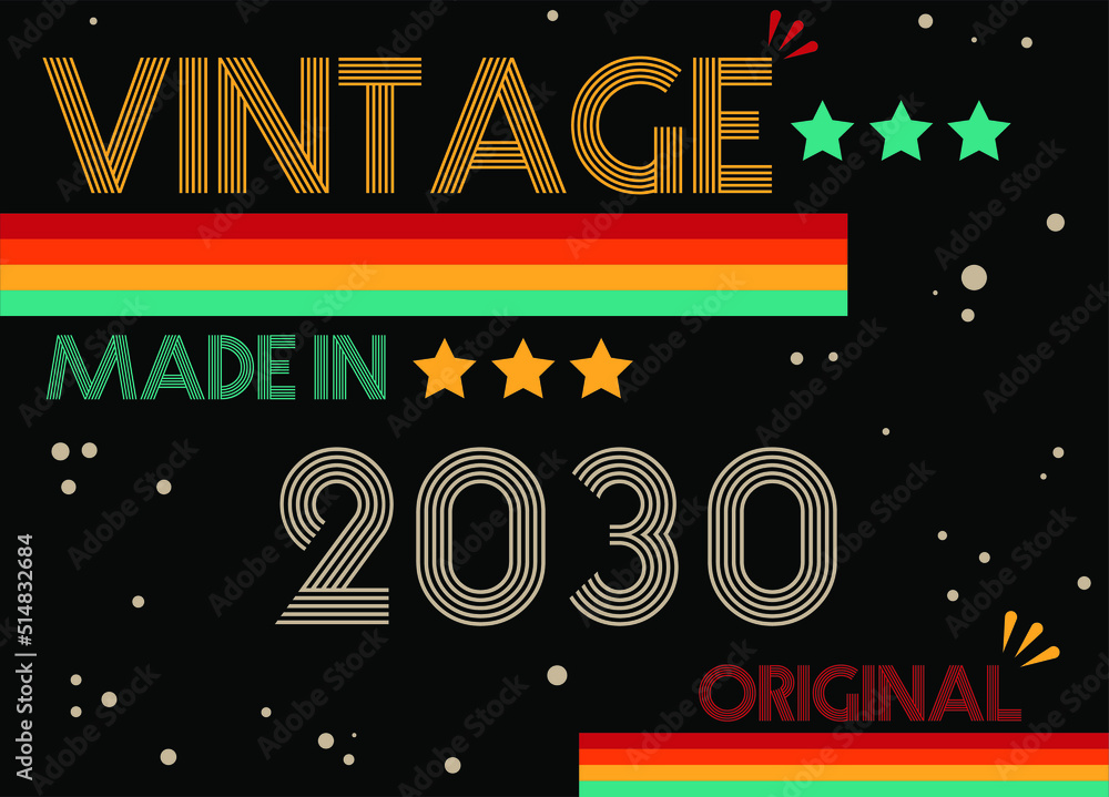 Fototapeta premium Vintage made in 2030 original retro font. Vector with birthday year on black background.