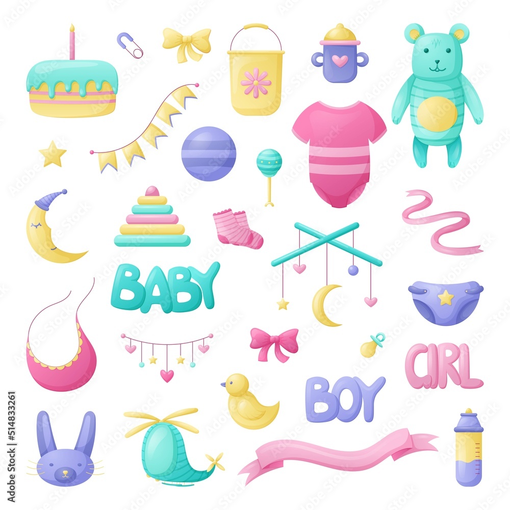 Set of isolated cartoon baby accessories, toys and clothes, collection of vector illustration. Set of isolated cartoon baby accessories, toys and clothes, collection of vector illustration.
