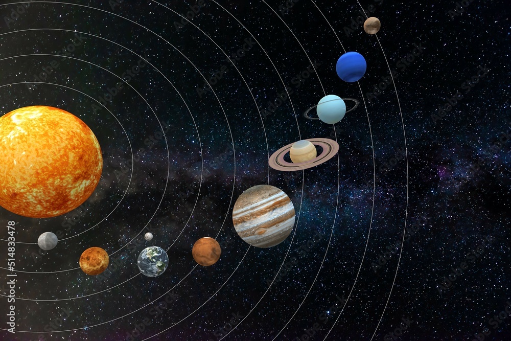 3D illustration of the planets in the solar system in space Stock