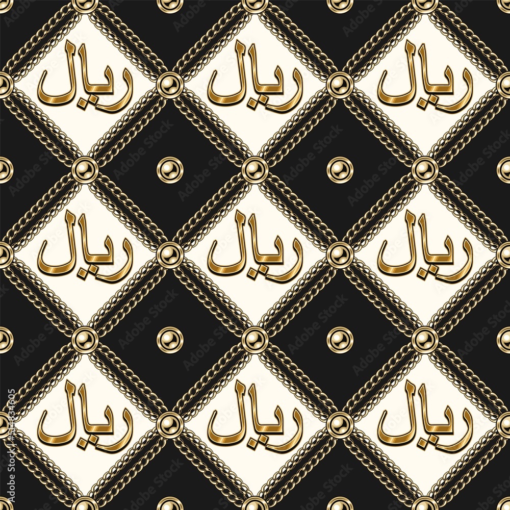Saudi Rial Designs Staggered luxury vintage black and white pattern with shiny gold rial ...