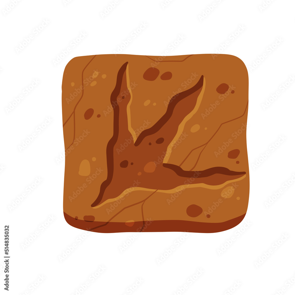 Footprints of a fossil dinosaur. Dino reptile foot trail. Paw in brown clay or stone. Footprints of a fossil dinosaur. Dino reptile foot trail. Paw in brown clay or stone.