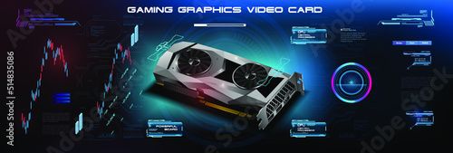 Realistic graphics card for cryptocurrency mining or gaming. Realistic 3D graphics card mockup. Powerful video card on a new graphics chip. Cyberbanner. PC graphics card illustration