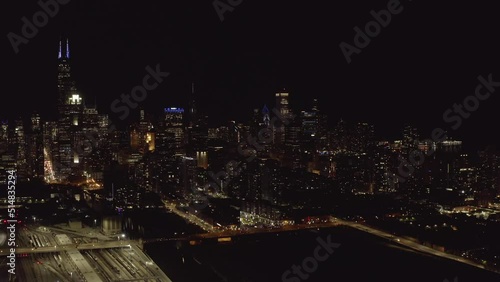 Night, aerial shot of a spectacular Chicago Skyline