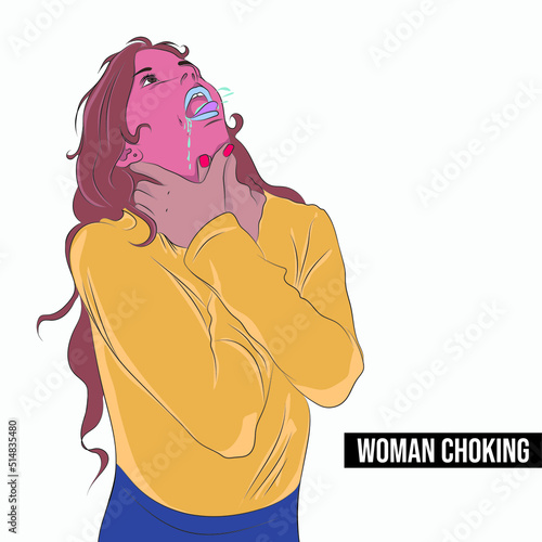 Woman choking, impossible to breathe, the throat or trachea is blocked with some object.
