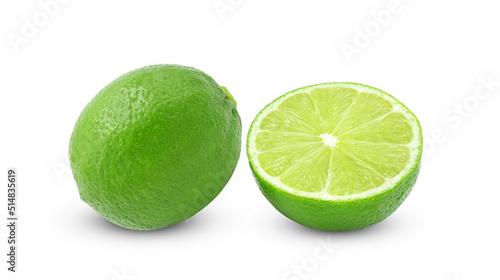 Whole of fresh lime fruit and slice isolated on white background. © PotaeRin