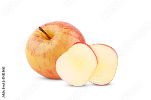 Fresh whole red apple and slices isolated on white background.