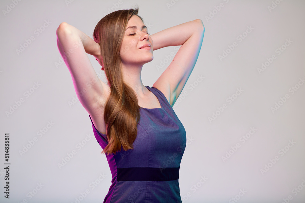 Resting woman closed eyes with arms behind her neck isolated portrait. Resting woman closed eyes with arms behind her neck isolated portrait.