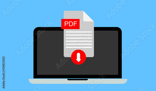 Download PDF icon file with label on laptop screen. Downloading document concept. View, read, download PDF file on laptops and mobile devices. Banner for business, marketing and advertising
