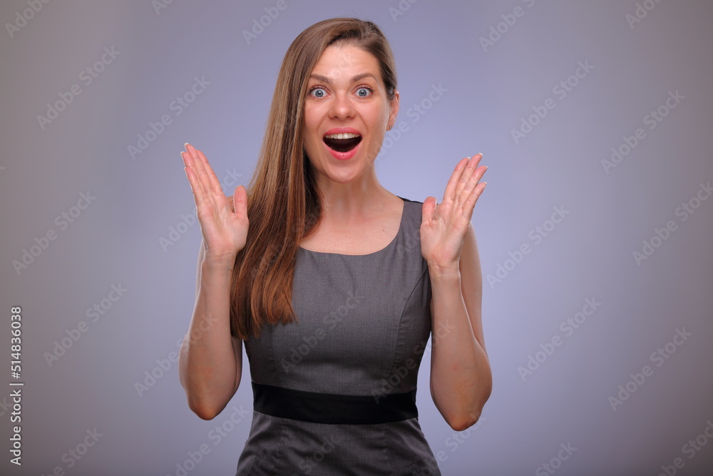 Amazed woman with open mouth and hands up, business woman, teacher or adult student isolated female portrait. Amazed woman with open mouth and hands up, business woman, teacher or adult student isolated female portrait.