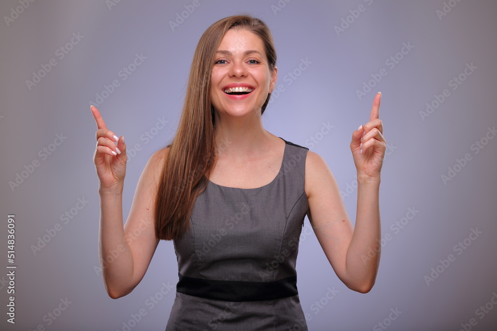 Pointing finger. Smiling business woman, teacher or adult student isolated female portrait. Pointing finger. Smiling business woman, teacher or adult student isolated female portrait.
