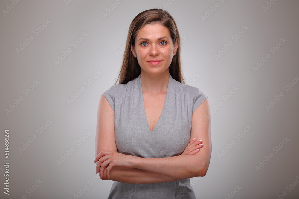 Obraz premium Isolated business woman portrait with arms crossed, smiling business person, teacher or adult student