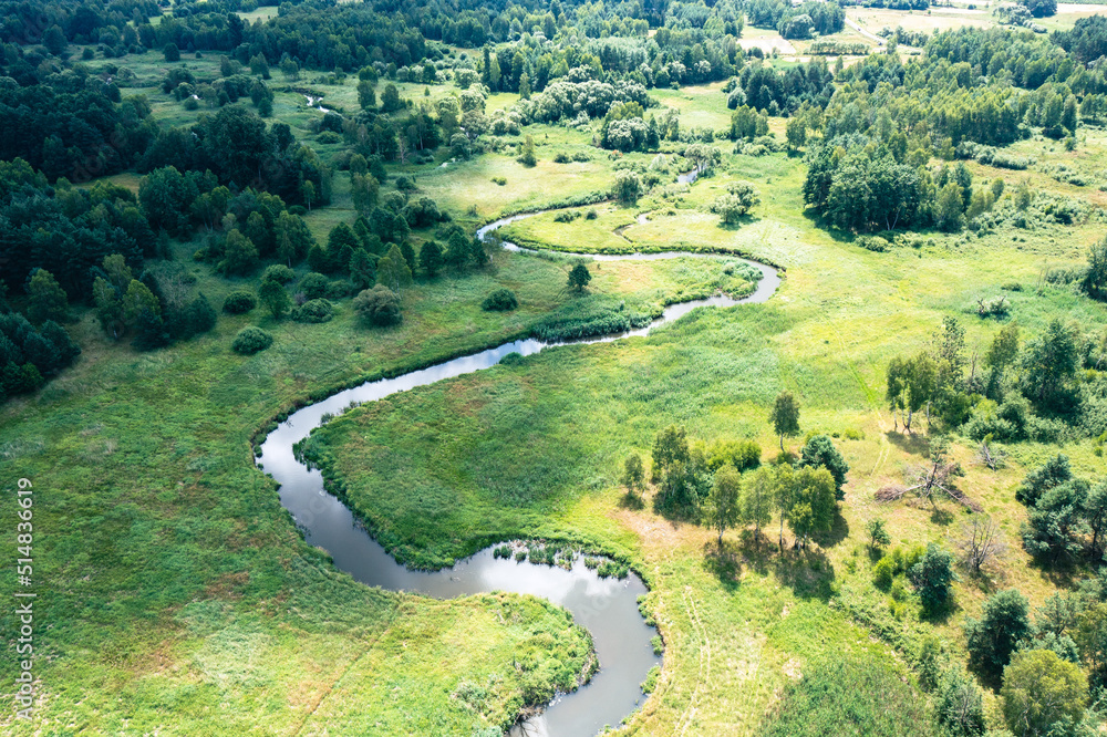  Warta river aerial view, many meanders. Summer time. Jura region near Czestochowa. Silesian Voivodeship. Poland.   - obrazy, fototapety, plakaty 