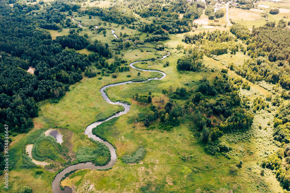  Warta river aerial view, many meanders. Summer time. Jura region near Czestochowa. Silesian Voivodeship. Poland.   - obrazy, fototapety, plakaty 