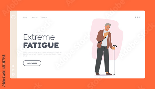 Extreme Fatigue Landing Page Template. Tired Elderly Man With Walking Cane Yawning, Sad Grandfather Health Problems