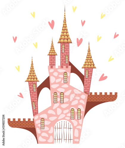 Ancient stone cute rose gold castle isolated on white background. Fairy palace. Flat vector illustration.