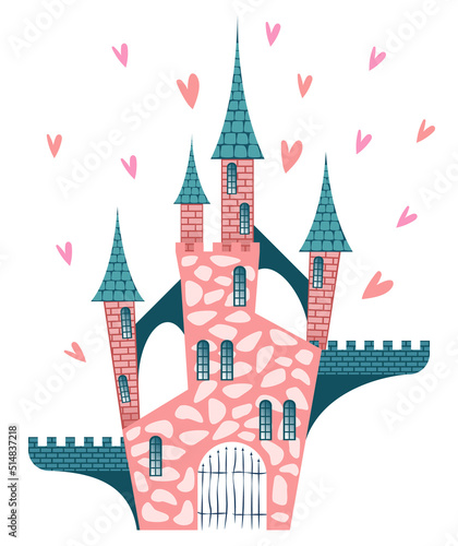 Ancient stone cute pink castle with towers, balconies and forged gates isolated on white background. Vector illustration.