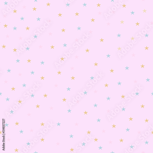 Seamless vector pattern with gold and green stars isolated on pink background. Suitable for textile, fabric, package, packing, wallpaper, cover, wrapping paper. 
