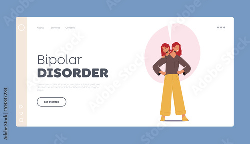 Bipolar Disorder Landing Page Template. Female Character with Brain Mental Disease. Woman with Two Heads, Brain Sickness